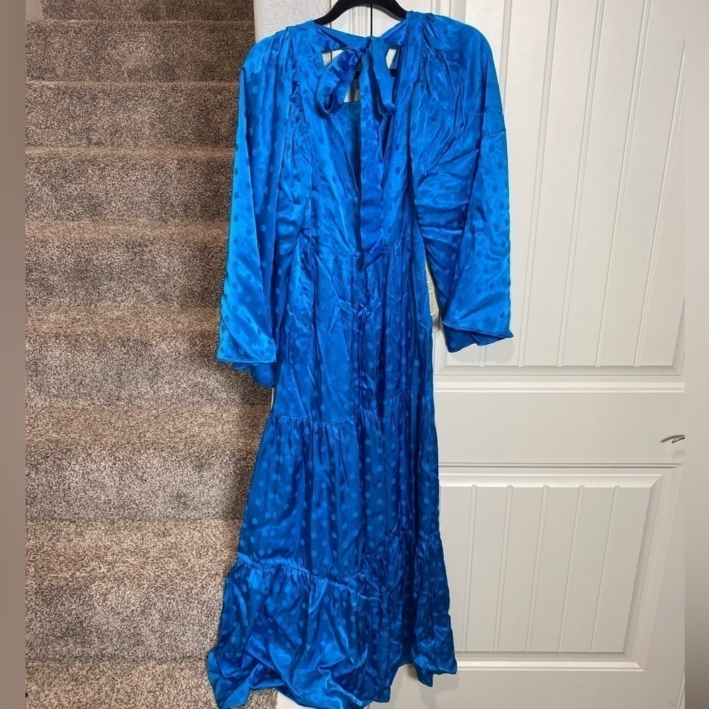 HAPPY NATURE DAYDREAM blue satin maxi dress tiered ruffle polka dot wide sleeve - Picture 11 of 12